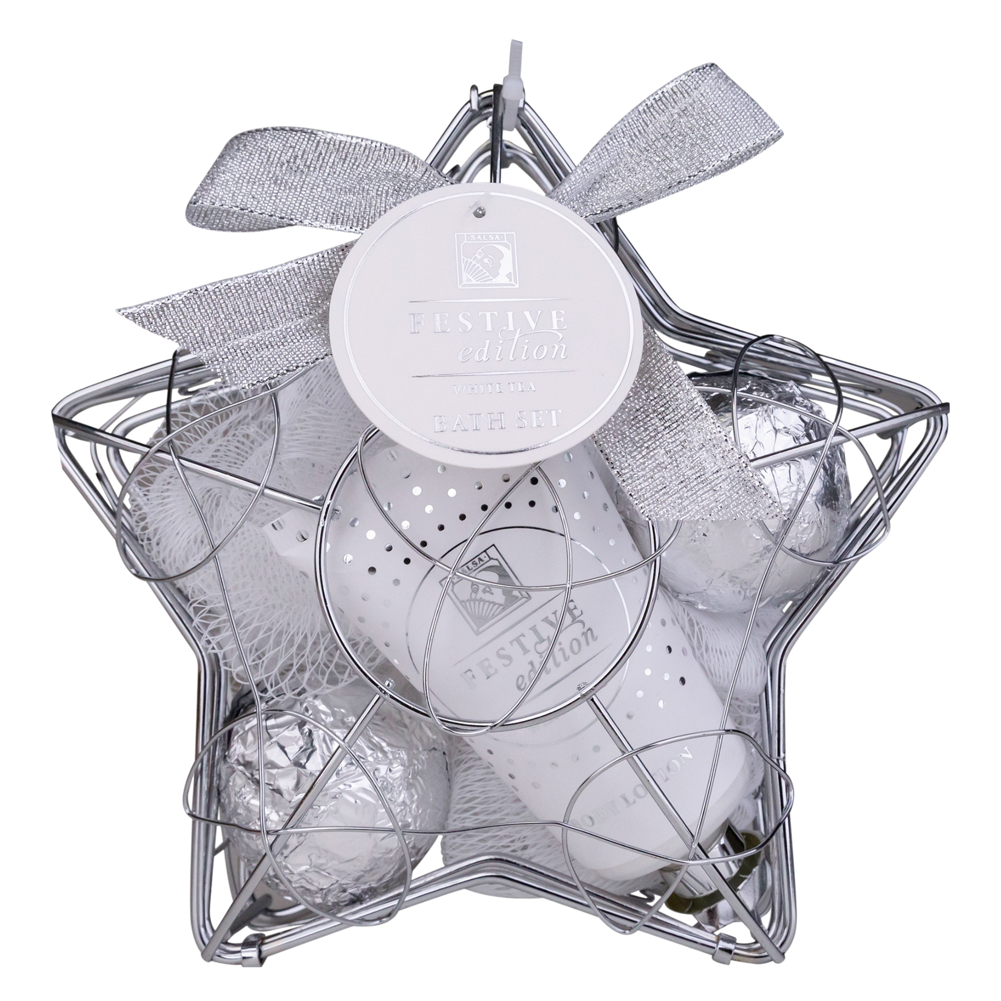 Accentra Festive Badeset in sternförmigem Drahtkorb White Tea
